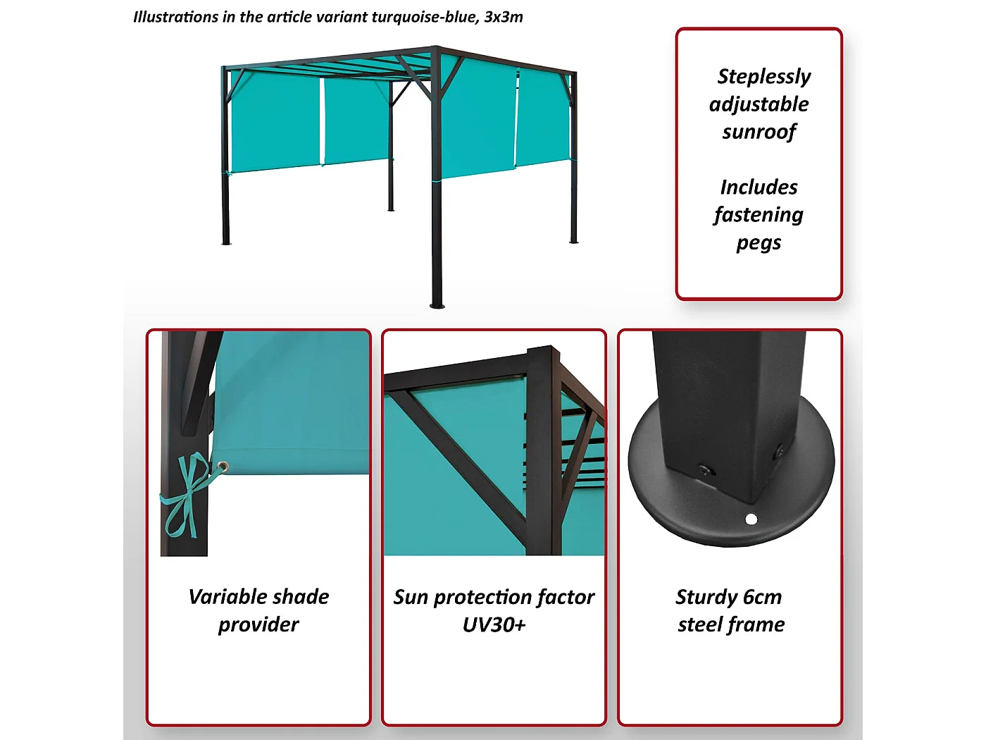 Pergola Baia, Garten Pavillon Terrassenüberdachung, stabiles 6cm-Stahl-Gestell + Schiebedach türkis-blau, 3x3m
