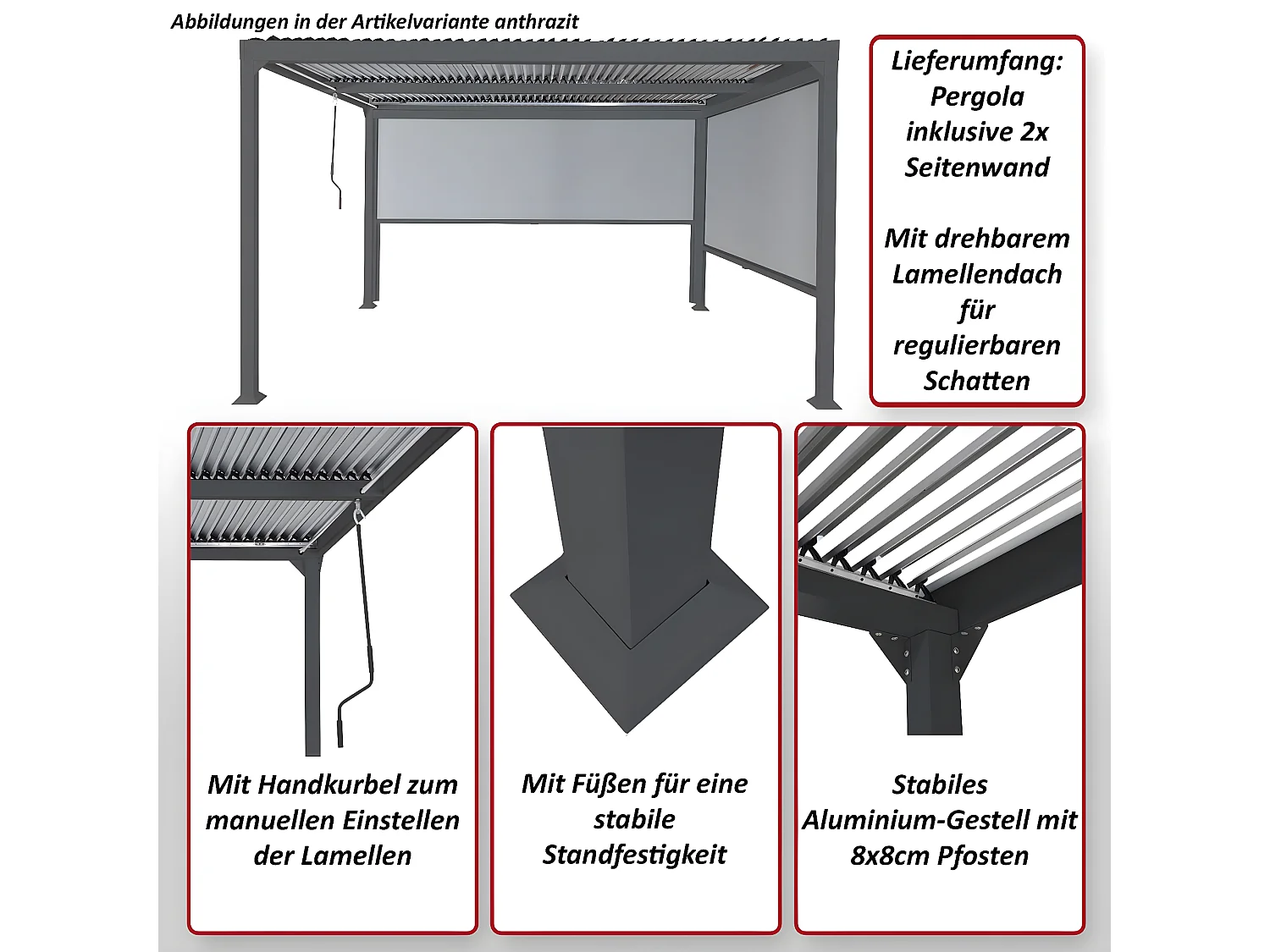 Pergola aluminiowa MCW-L41 z 2x ścianką boczną,  antracyt