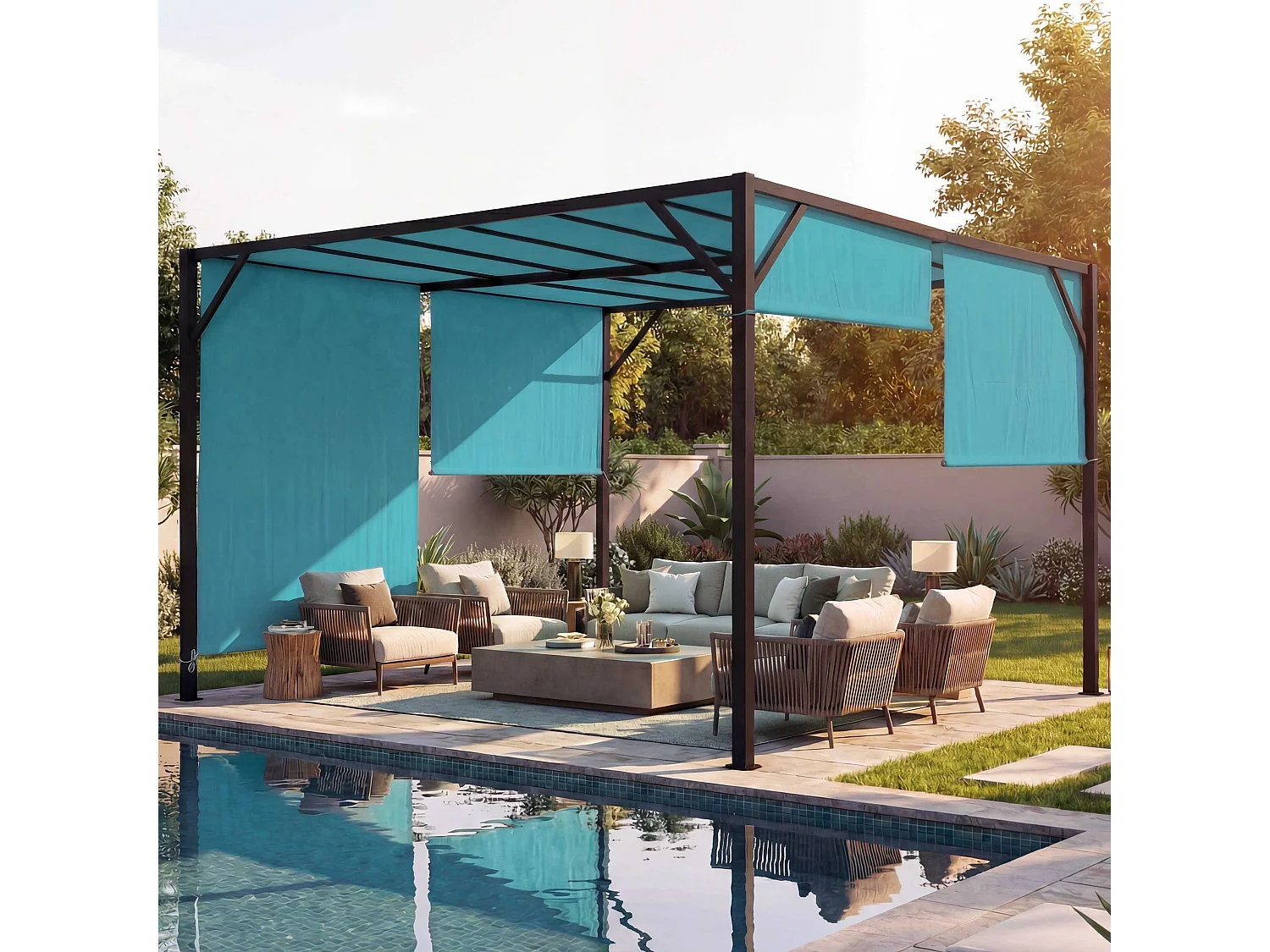 Pergola Baia, Garten Pavillon Terrassenüberdachung, stabiles 6cm-Stahl-Gestell + Schiebedach türkis-blau, 3x4m