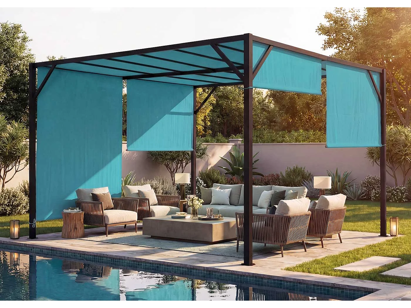 Pergola Baia, Garten Pavillon Terrassenüberdachung, stabiles 6cm-Stahl-Gestell + Schiebedach türkis-blau, 3x4m