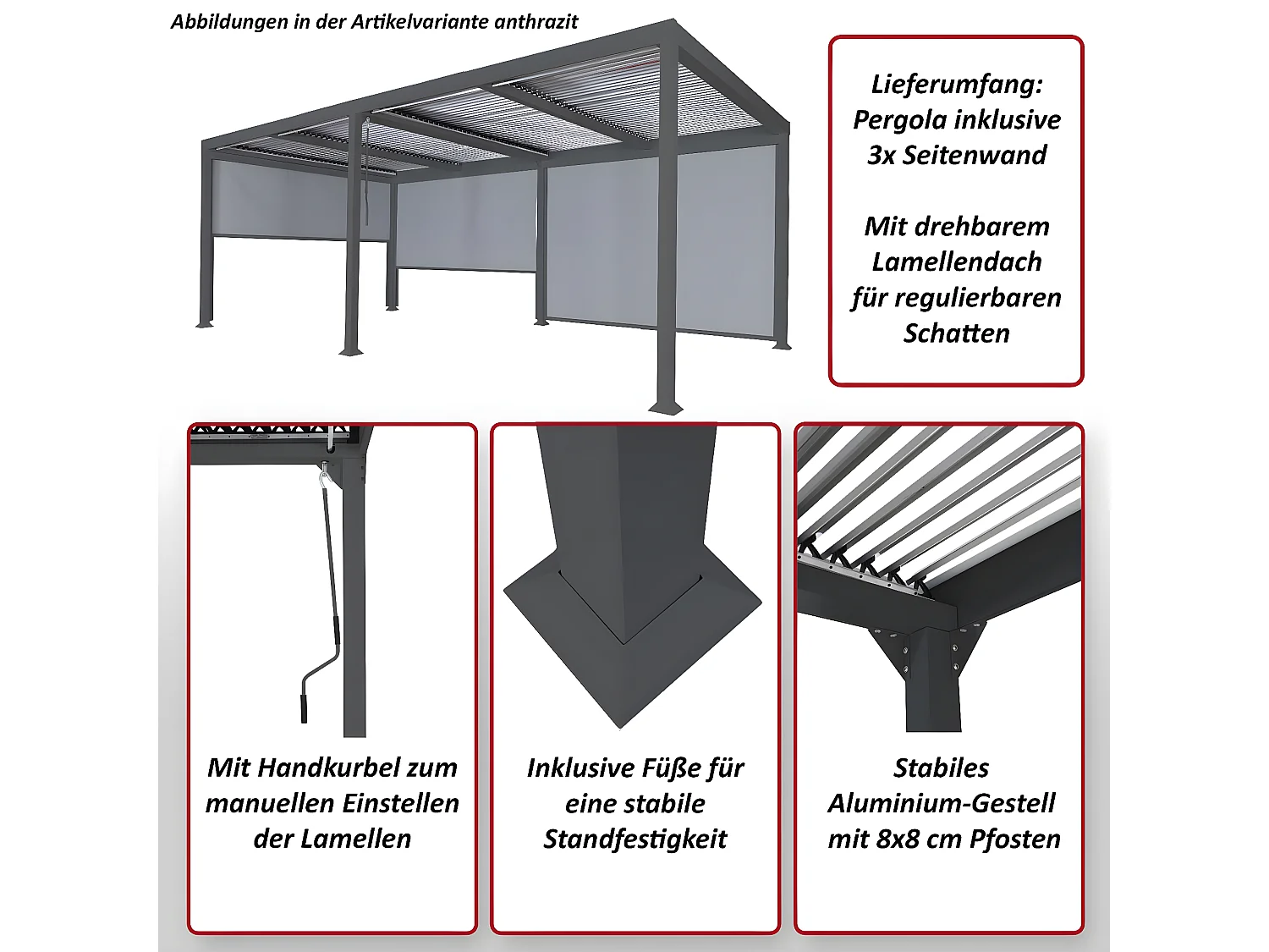 Pergola aluminiowa MCW-L41 z 3 ściankami bocznymi,  biały