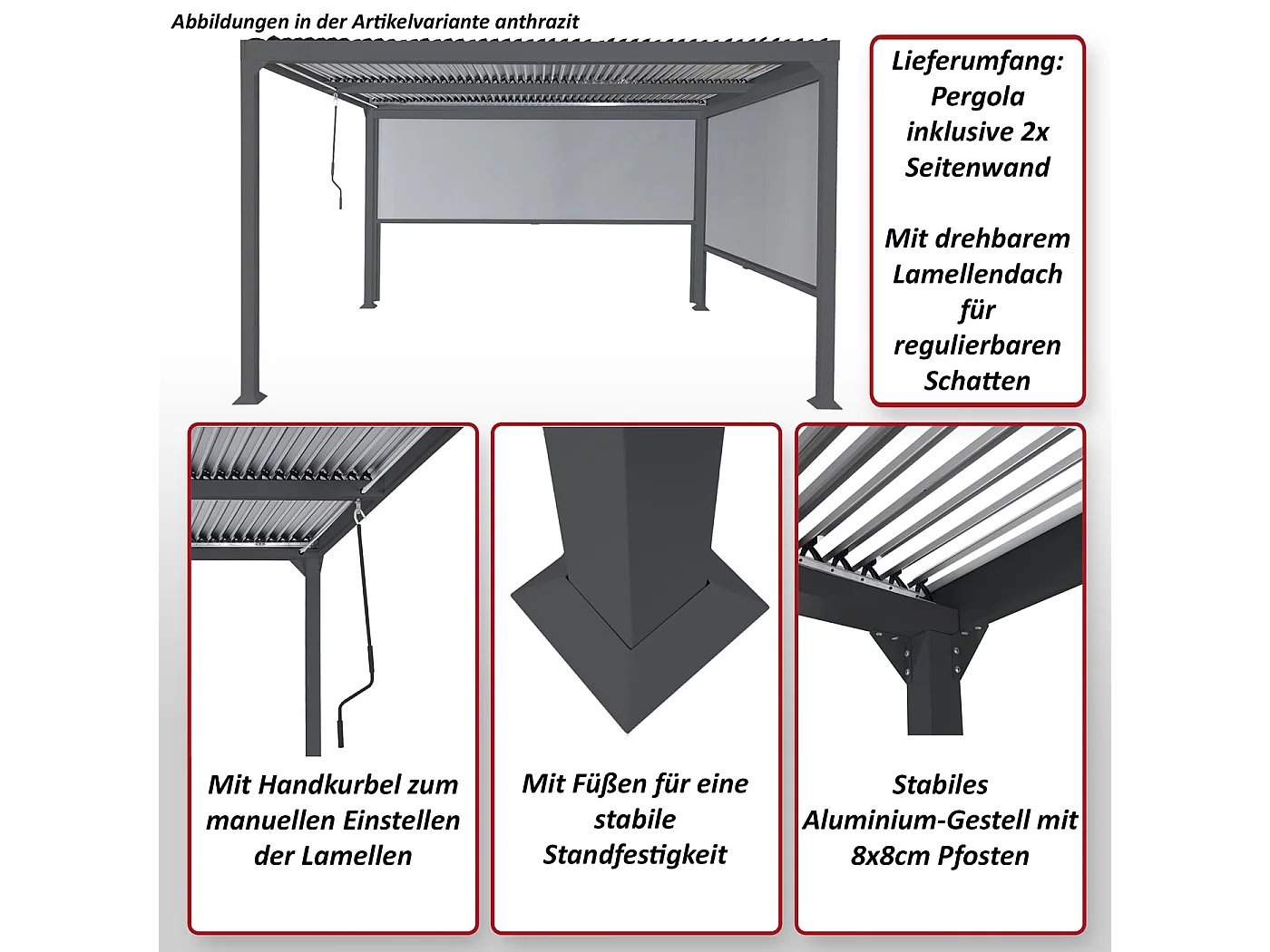 Aluminium pergola MCW-L41 met 2x zijwand,  wit