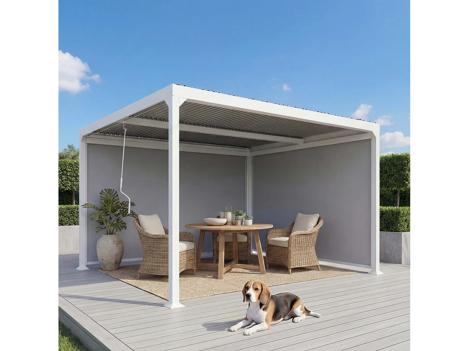 Aluminiumspergola MCW-L41 med 2 sidevægge,  hvid
