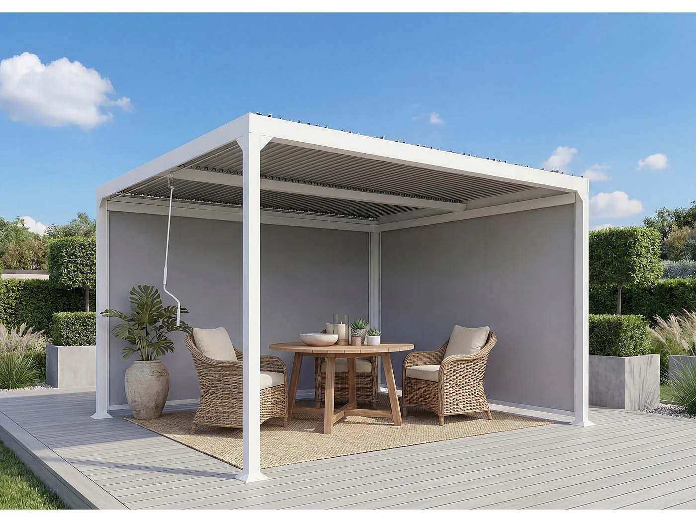 Aluminiumspergola MCW-L41 med 2 sidevægge,  hvid