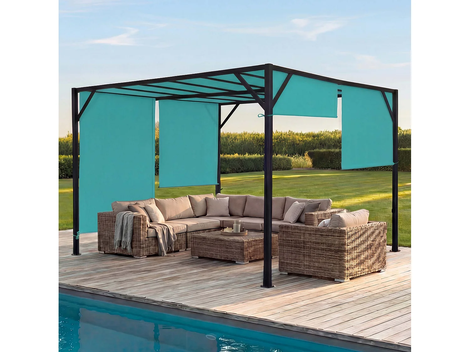 Pergola Baia, Garten Pavillon Terrassenüberdachung, stabiles 6cm-Stahl-Gestell + Schiebedach türkis-blau, 4x4m