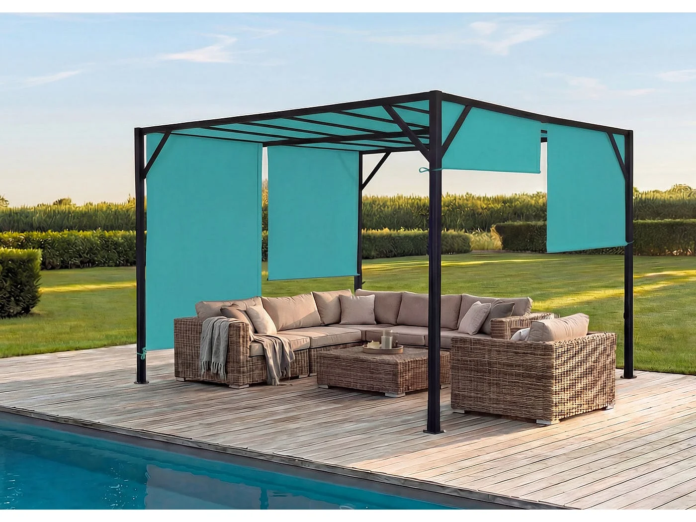 Pergola Baia, Garten Pavillon Terrassenüberdachung, stabiles 6cm-Stahl-Gestell + Schiebedach türkis-blau, 4x4m