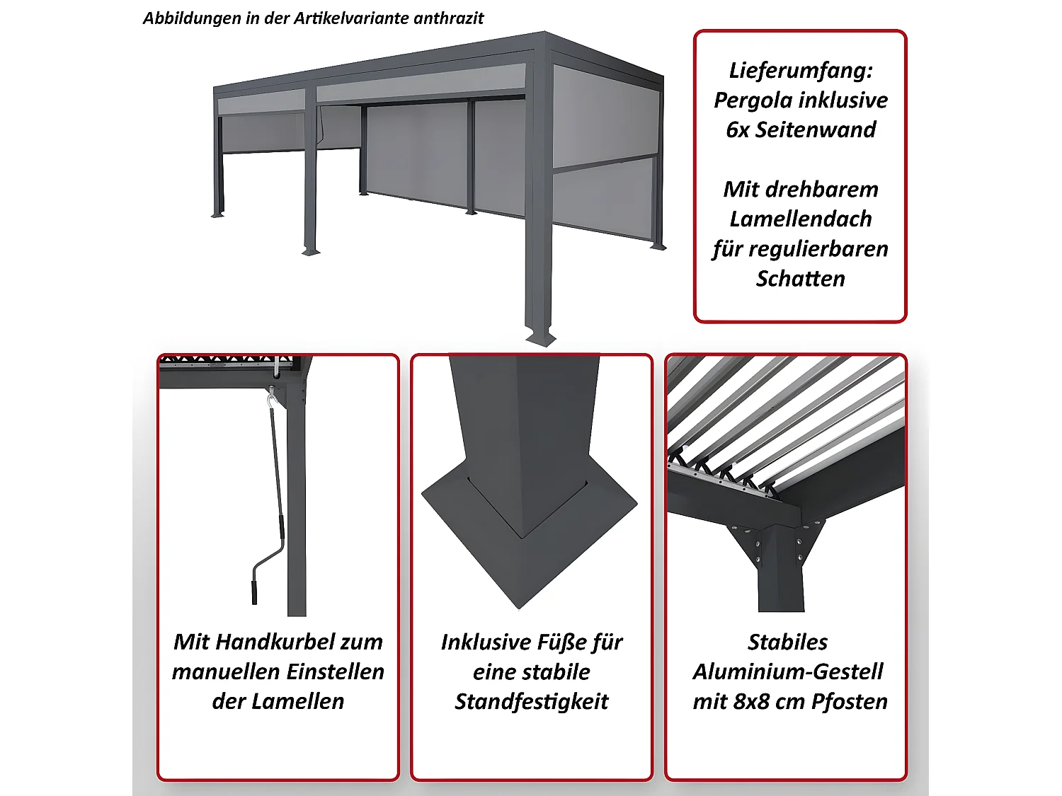 Aluminiowa pergola MCW-L41 z 6-krotną ścianą boczną,  biały