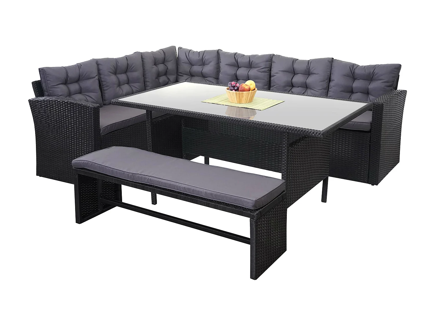 Polyrotan-set MCW-A29 met bank,  kussens donkergrijs, met bankje