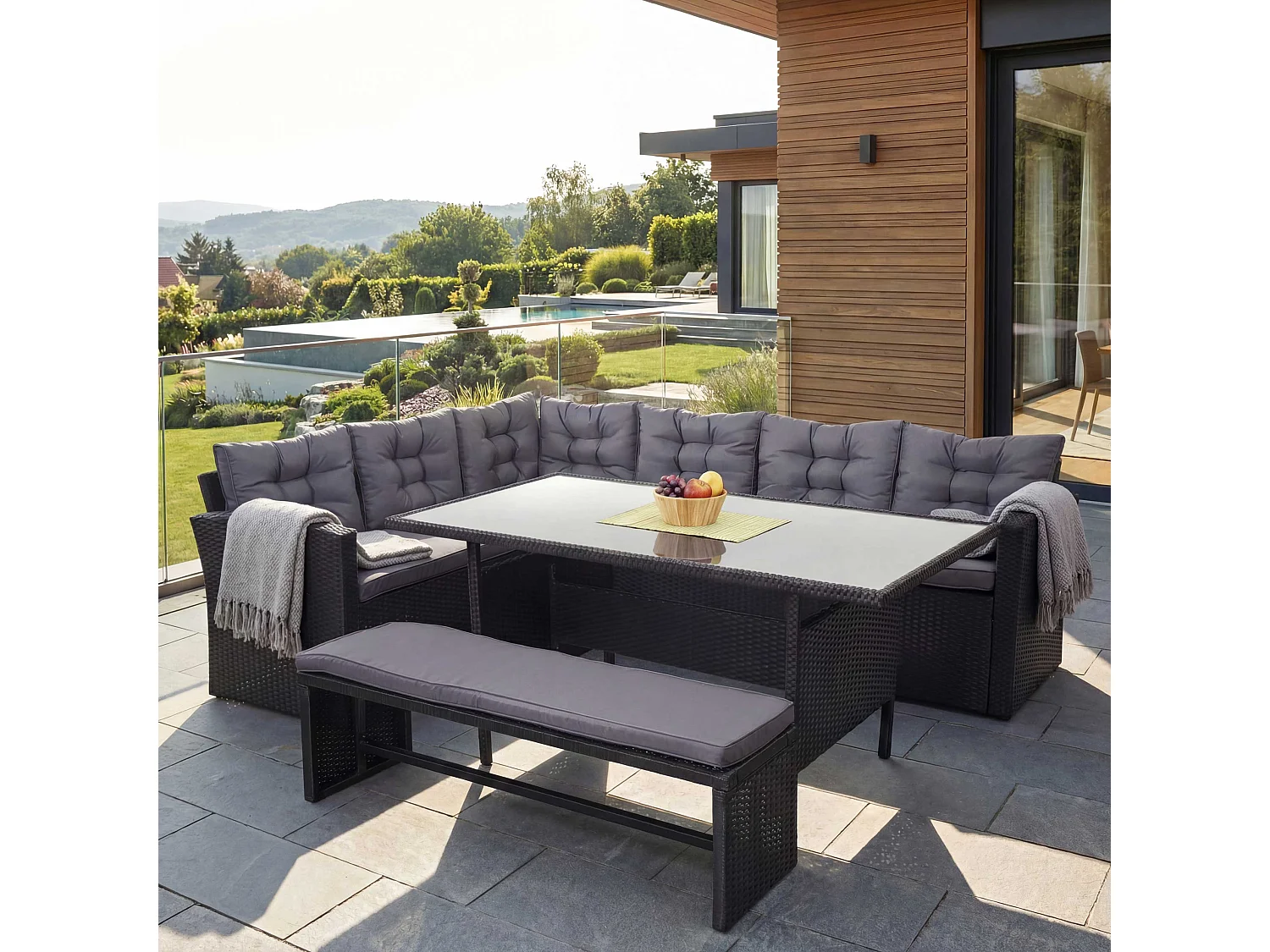 Zestaw z rattanu syntetycznego MCW-A29 z ławką,  poduszki ciemnoszare, z ławką