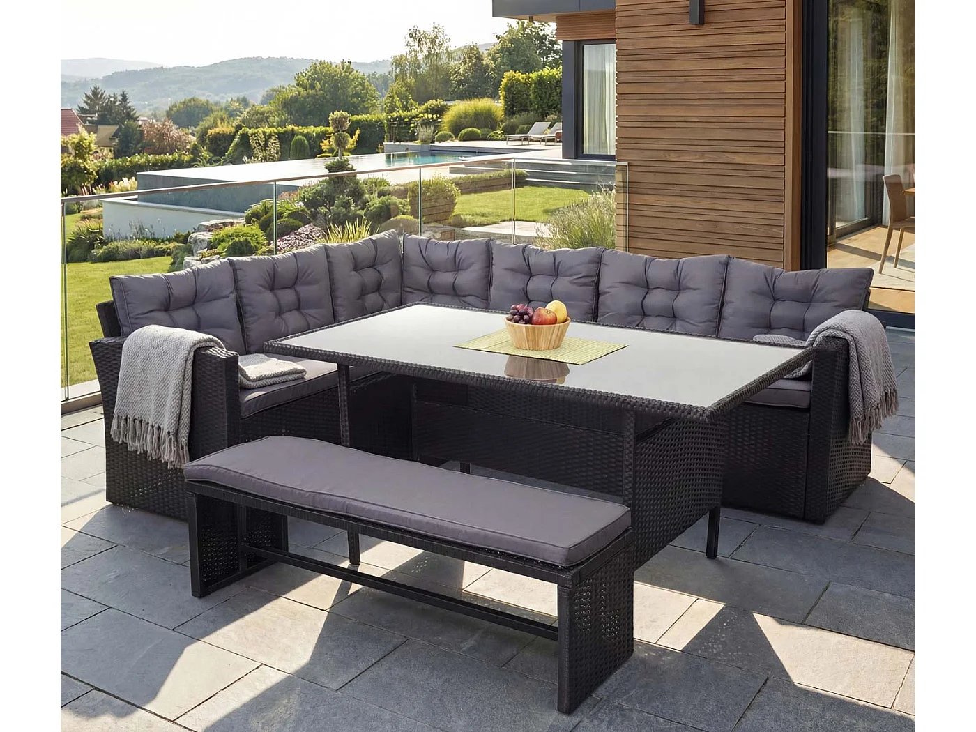 Zestaw z rattanu syntetycznego MCW-A29 z ławką,  poduszki ciemnoszare, z ławką