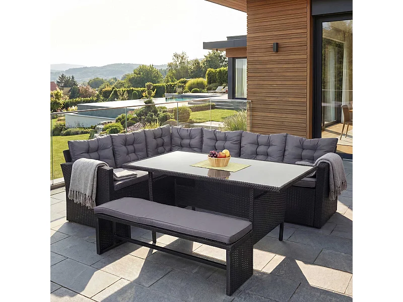 Zestaw z rattanu syntetycznego MCW-A29 z ławką,  poduszki ciemnoszare, z ławką