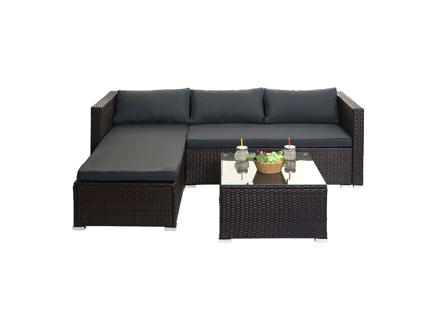 Poly-Rattan Garnitur MCW-F57 (3-teilig), Braun, Kissen dunkelgrau ohne Deko-Kissen