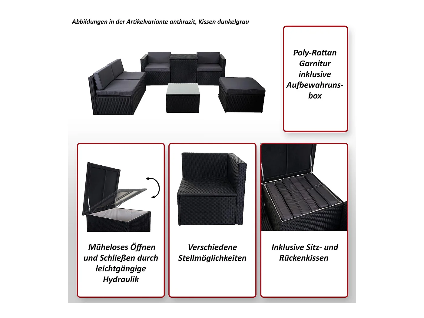 Zestaw polirattanowy MCW-D21 Schowek,  antracyt, ciemnoszare poduszki