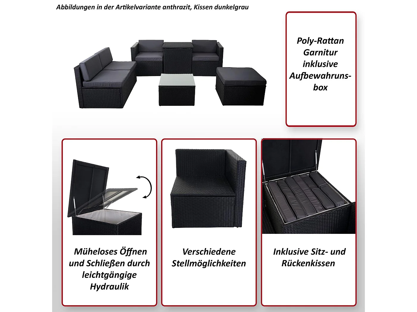 Zestaw polirattanowy MCW-D21 Schowek,  antracyt, ciemnoszare poduszki