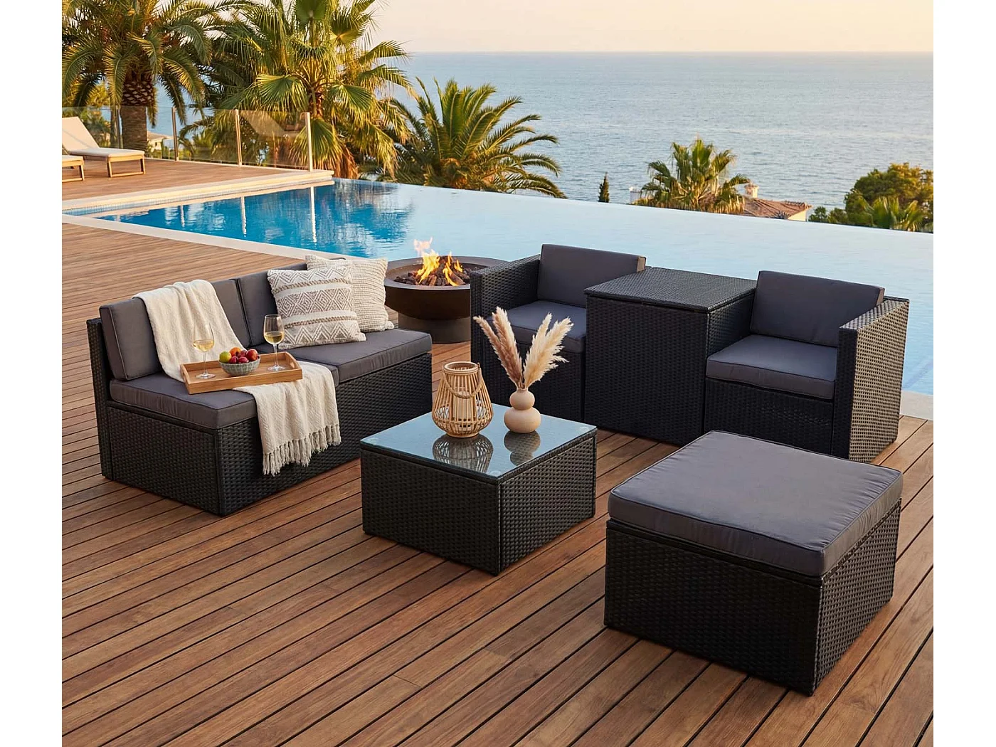 Poly-Rattan-Garnitur MCW-D21 Staufach, Anthrazit, Kissen dunkelgrau