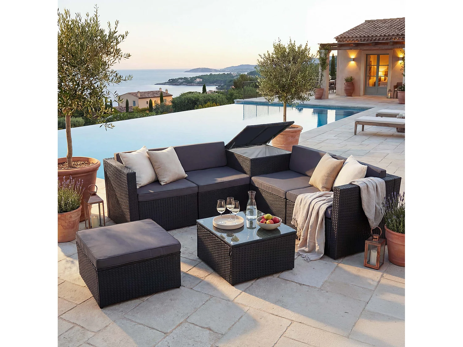 Poly-Rattan-Garnitur MCW-D21 Staufach, Anthrazit, Kissen dunkelgrau