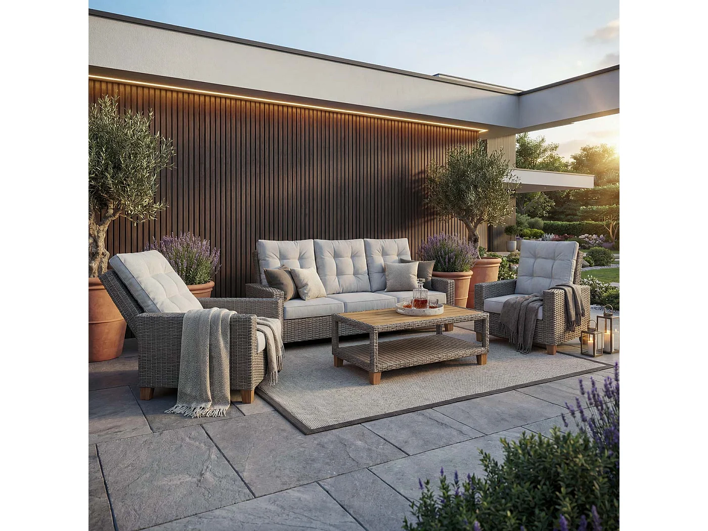 Zestaw ogrodowy MCW-G28 rattanowy (4-częściowy),  szary, poduszki jasnoszare