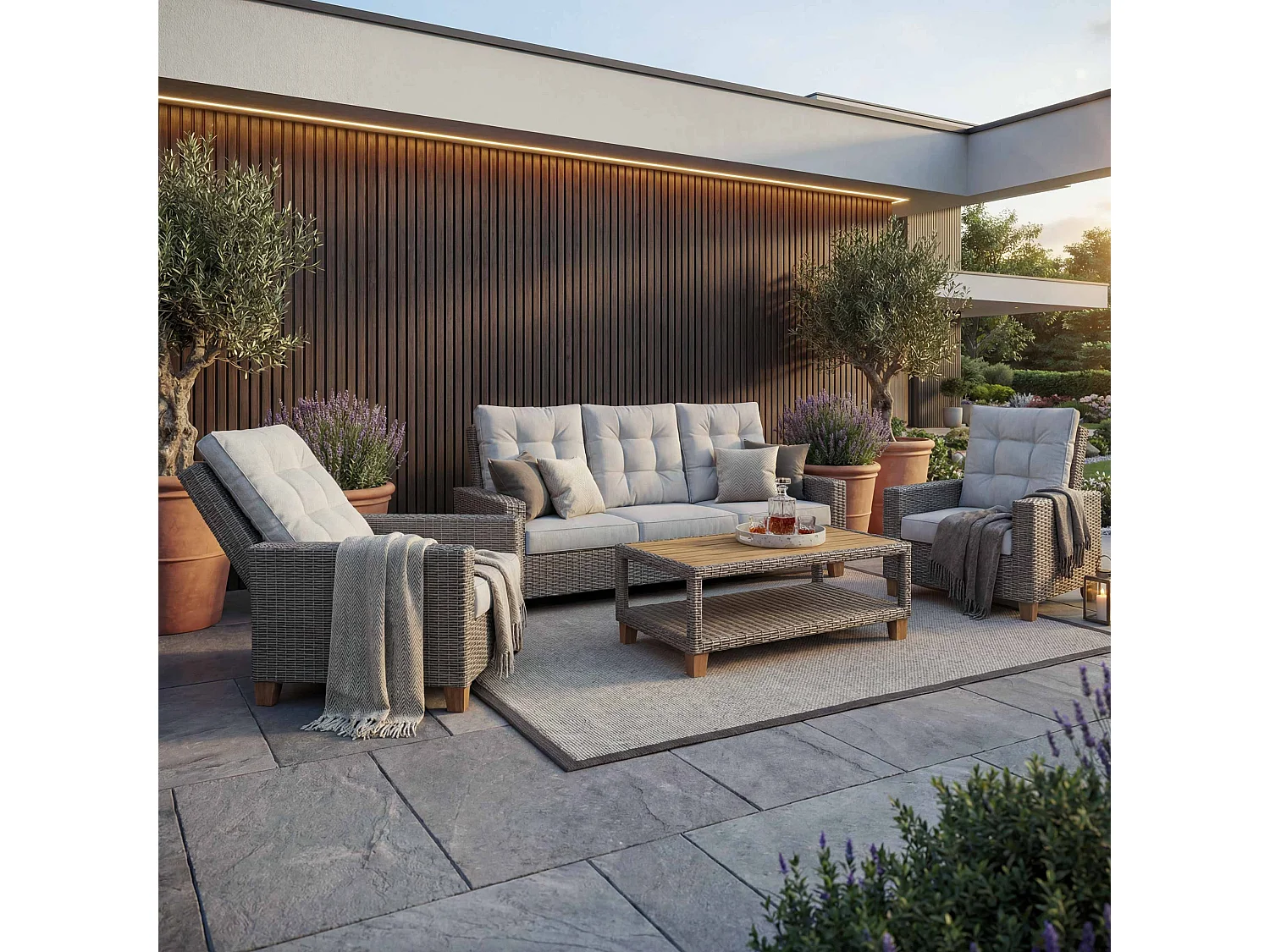 Gartengarnitur MCW-G28 Rattan (4-teilig), Grau, Kissen hellgrau