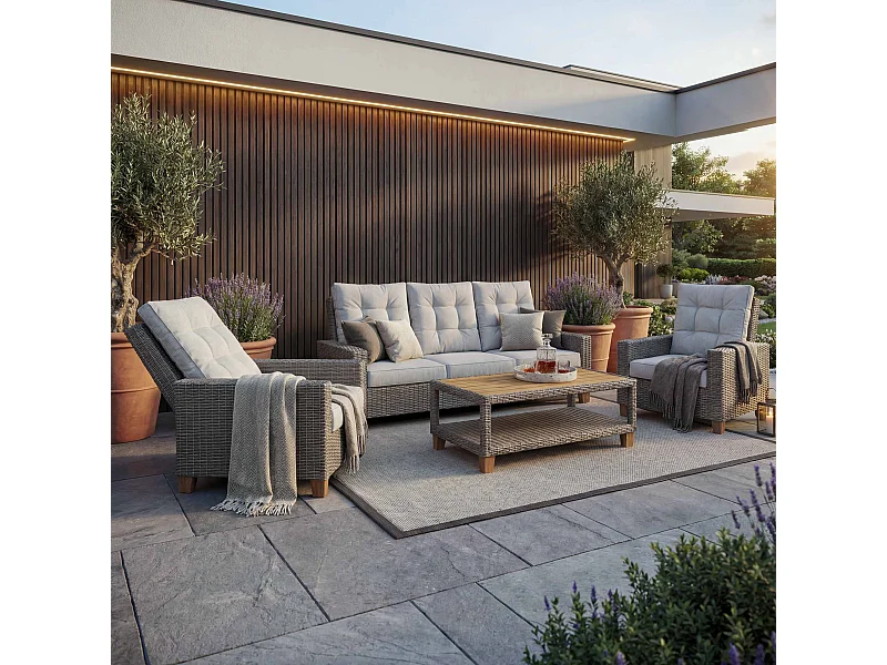 Gartengarnitur MCW-G28 Rattan (4-teilig), Grau, Kissen hellgrau