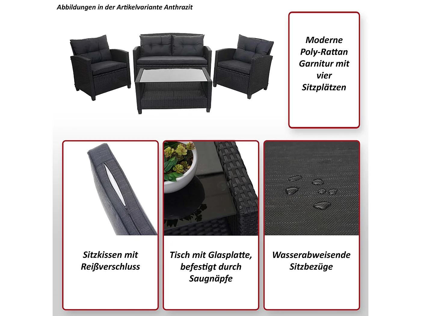 XXL polyrotan set MCW-F10 (4-delig),  antraciet