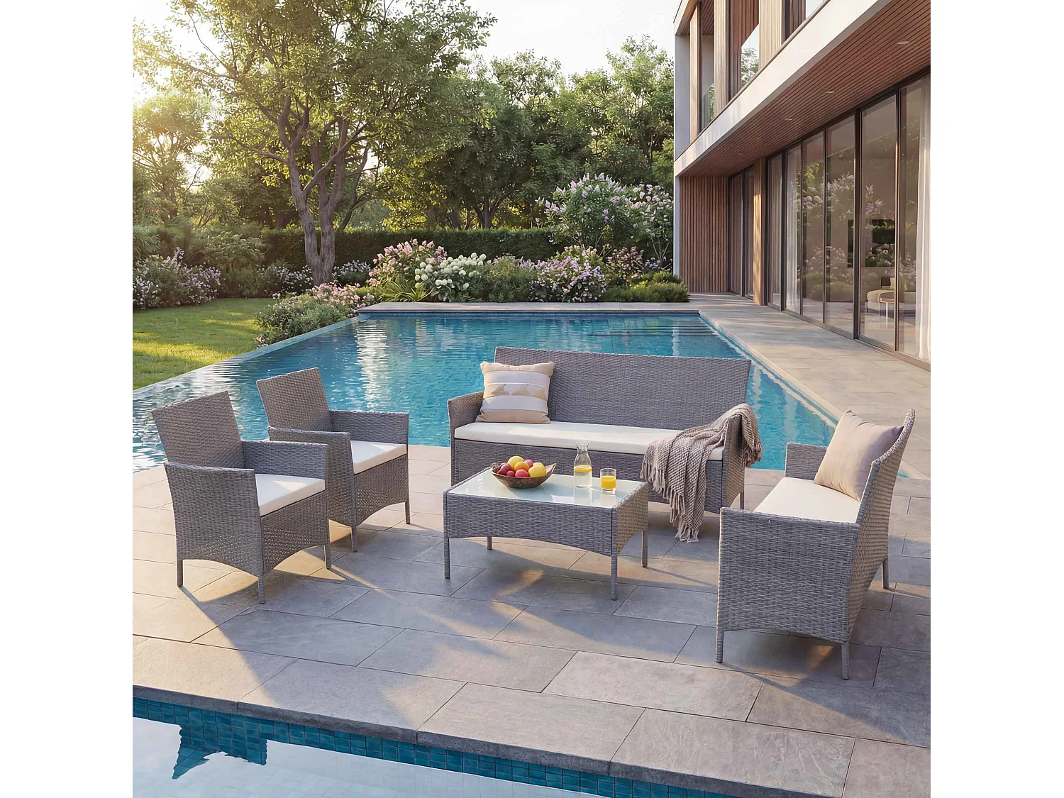 3-2-1-1 Poly-Rattan Garnitur Hamar, Grau, Kissen creme