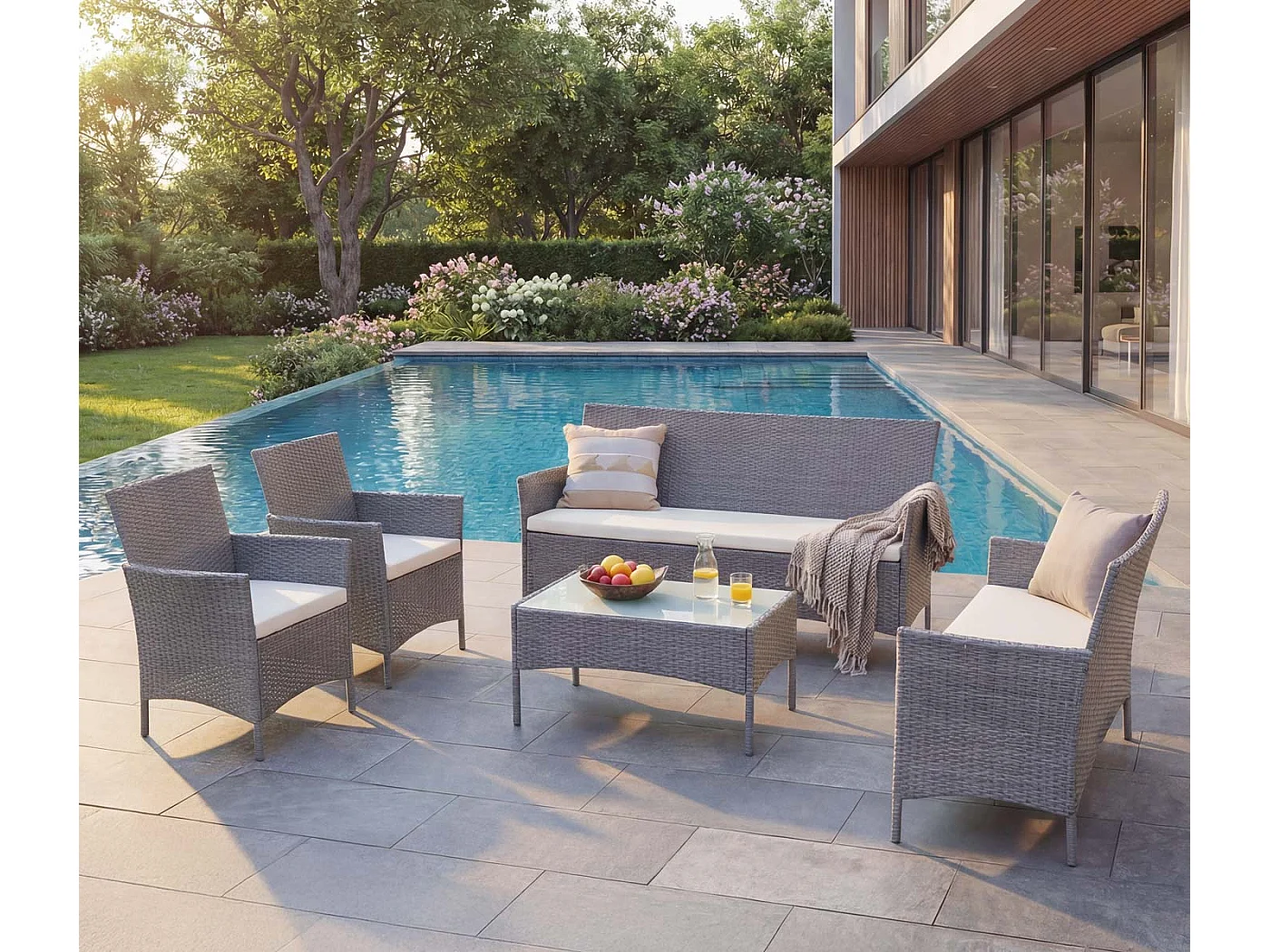 3-2-1-1 Poly-Rattan Garnitur Hamar, Grau, Kissen creme