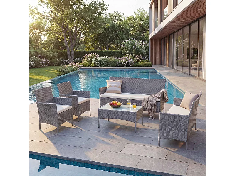 3-2-1-1 Poly-Rattan Garnitur Hamar, Grau, Kissen creme