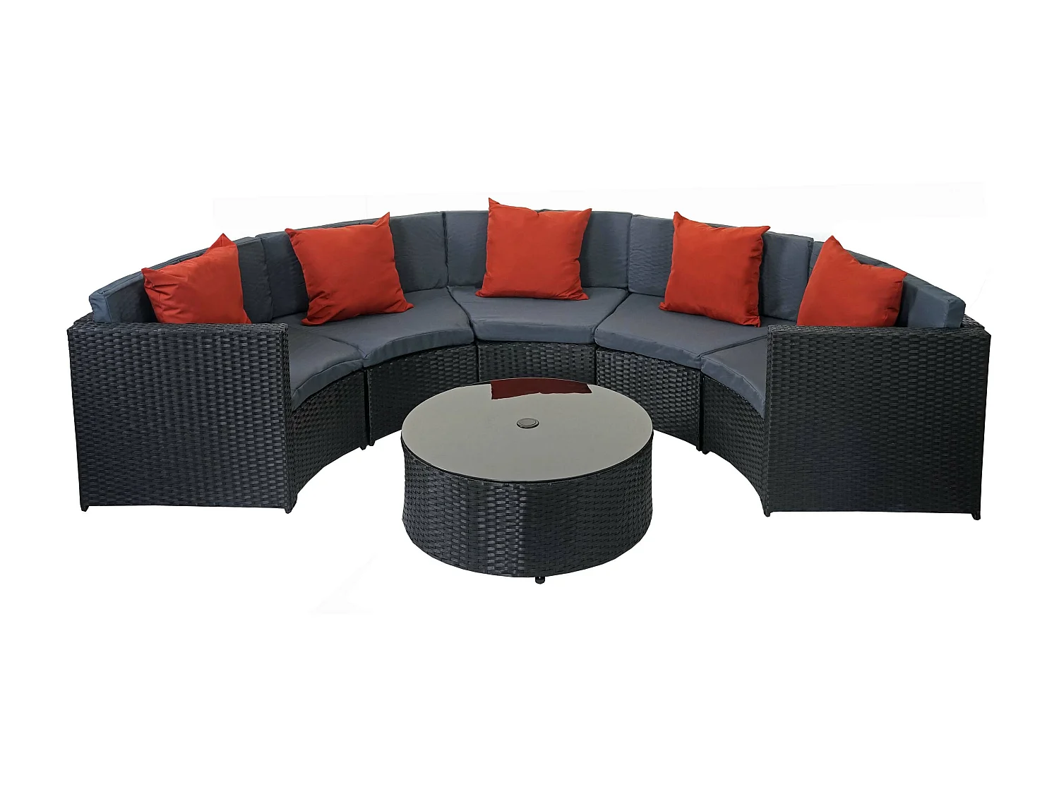 Set salotto giardino esterno salottino MCW-E17 polyrattan nero con cuscini grigio scuro e arancione