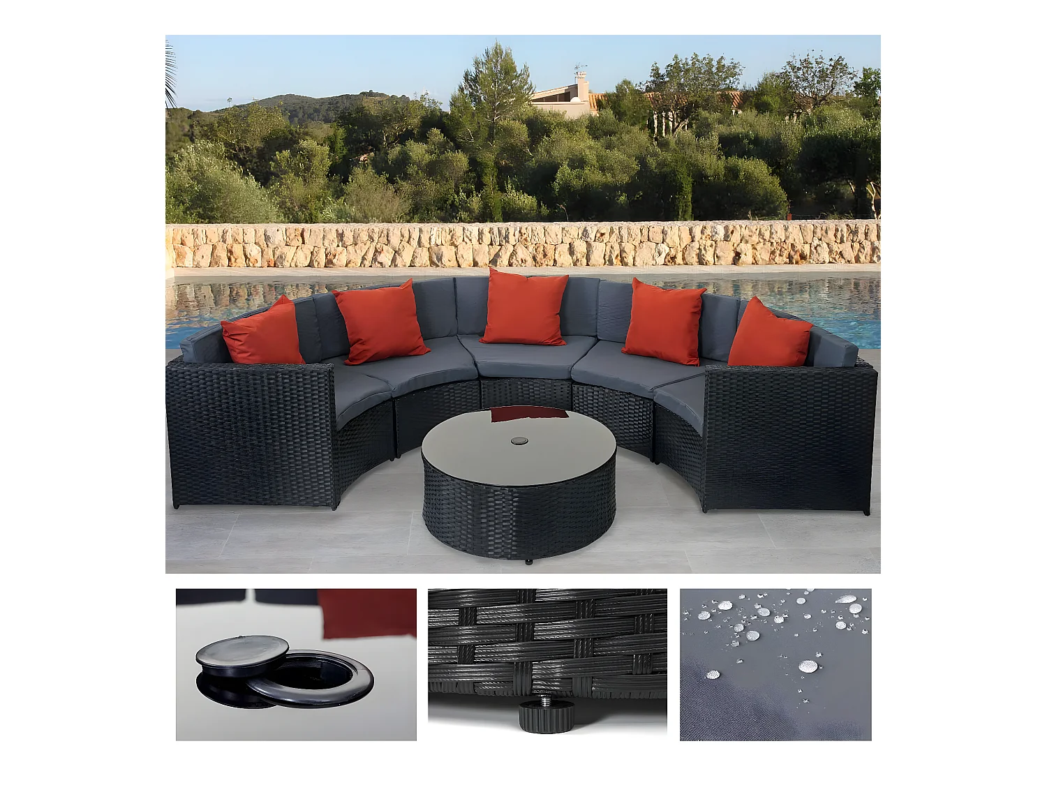 Poly-Rattan Garnitur MCW-E17 rund, Schwarz, Polster dunkelgrau, Kissen terracotta