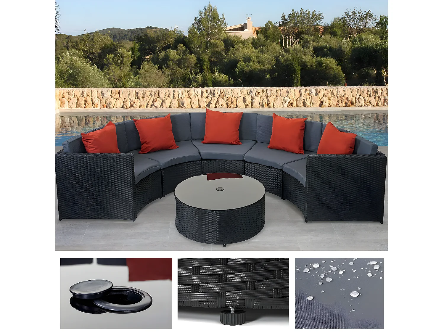 Poly-Rattan Garnitur MCW-E17 rund, Schwarz, Polster dunkelgrau, Kissen terracotta