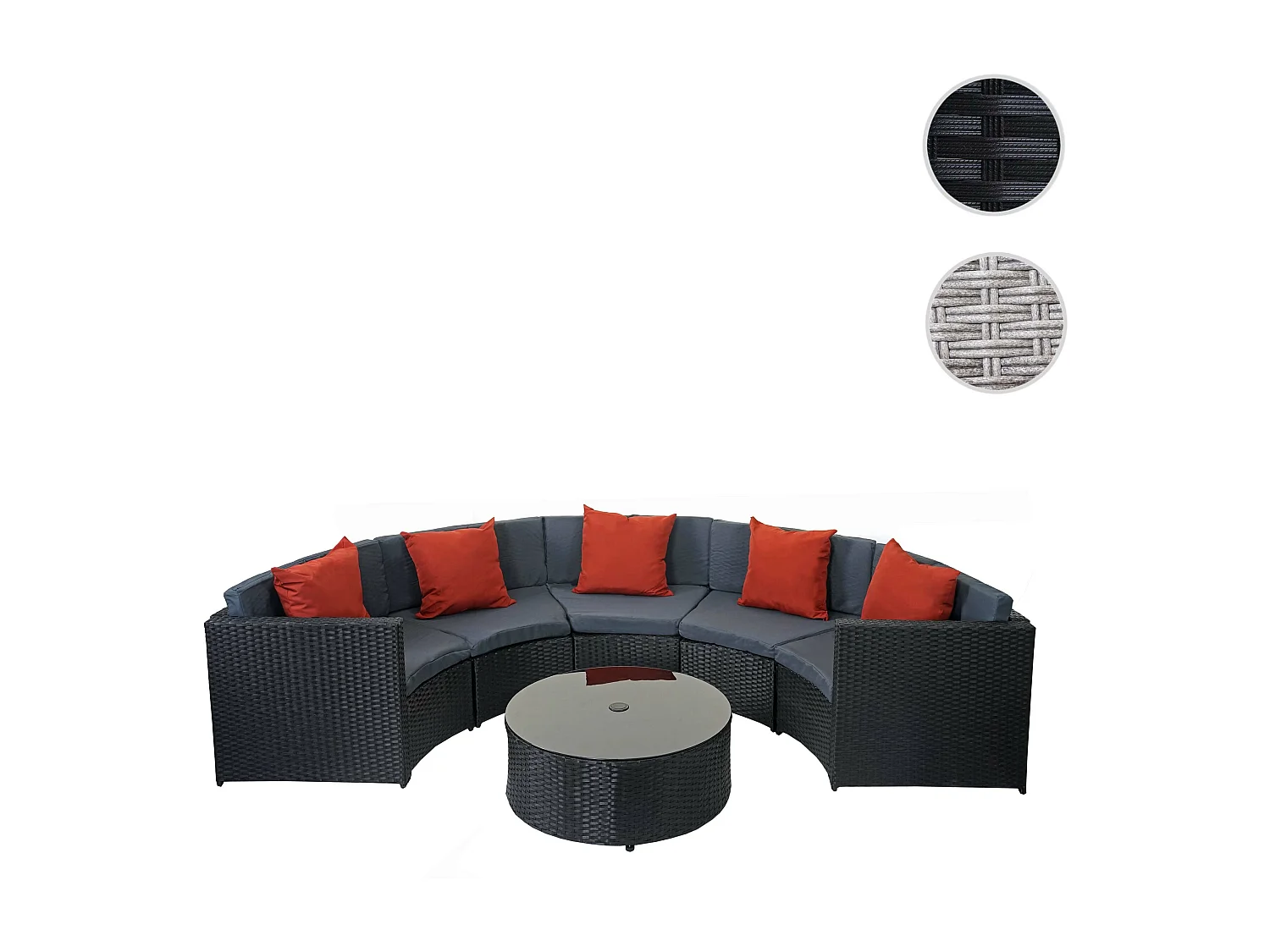 Poly-Rattan Garnitur MCW-E17 rund, Schwarz, Polster dunkelgrau, Kissen terracotta