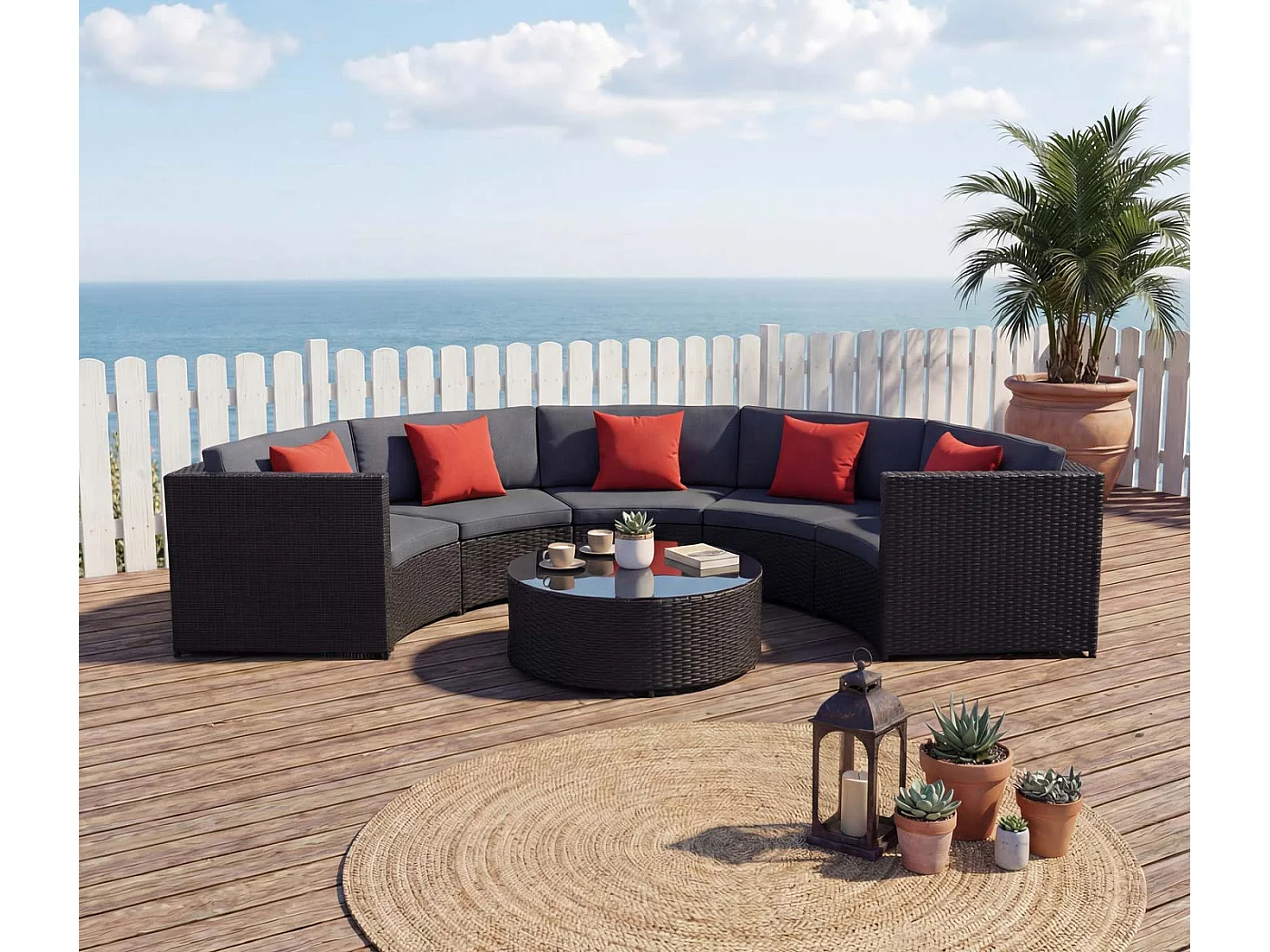 Poly-Rattan Garnitur MCW-E17 rund, Schwarz, Polster dunkelgrau, Kissen terracotta