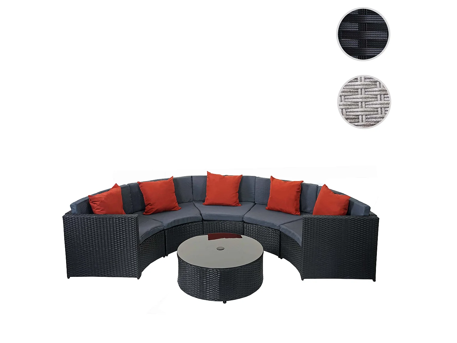 Zestaw z polirattanowym wykończeniem MCW-E17 okrągły,  czarny, tapicerka ciemnoszara, poduszki terakotowe