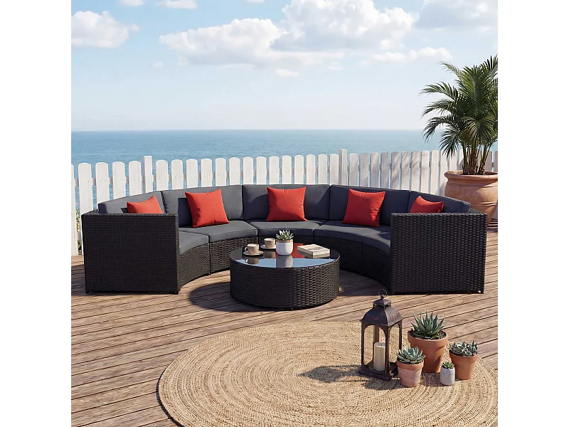 Polyrotan garnituur MCW-E17 rond,  zwart, bekleding donkergrijs, kussens terracotta