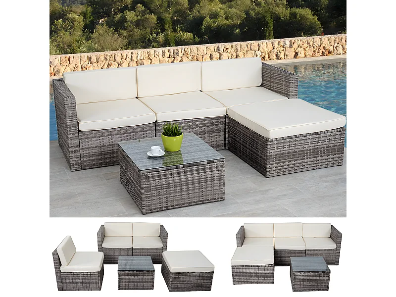 Polyrotan-set MCW-D28 (5-delig),  grijs, bekleding crème zonder sierkussens/hoes