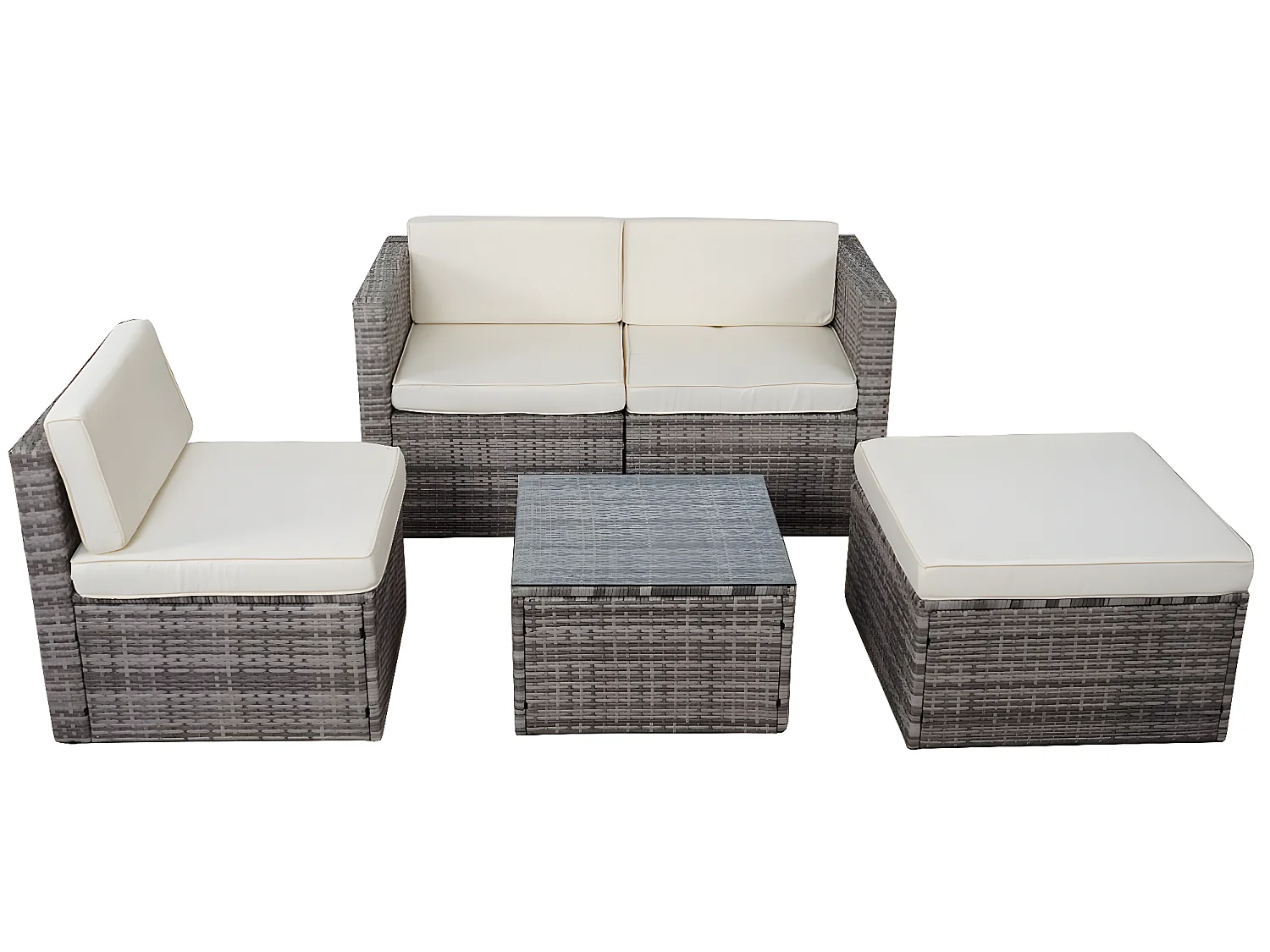 Poly-Rattan-Garnitur MCW-D28 (5-teilig), Grau, Polster creme ohne Deko-Kissen/Abdeckung