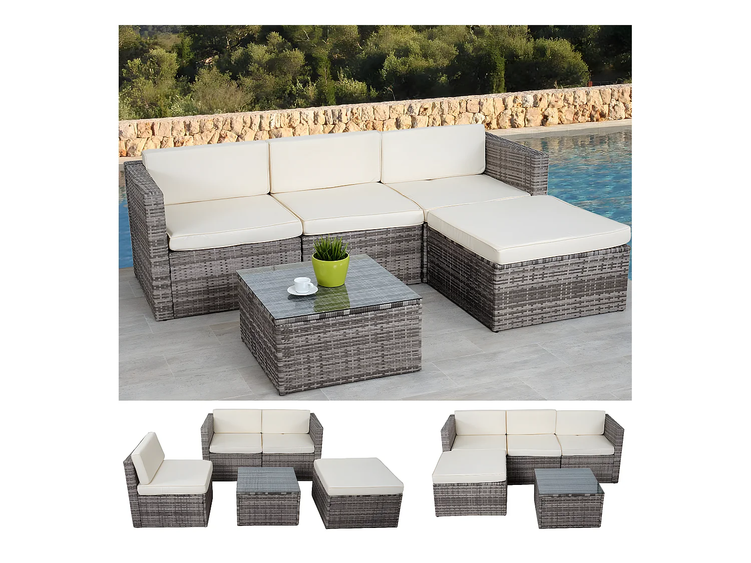 Set salotto giardino esterno salottino MCW-D28 polyrattan grigio con cuscini avorio
