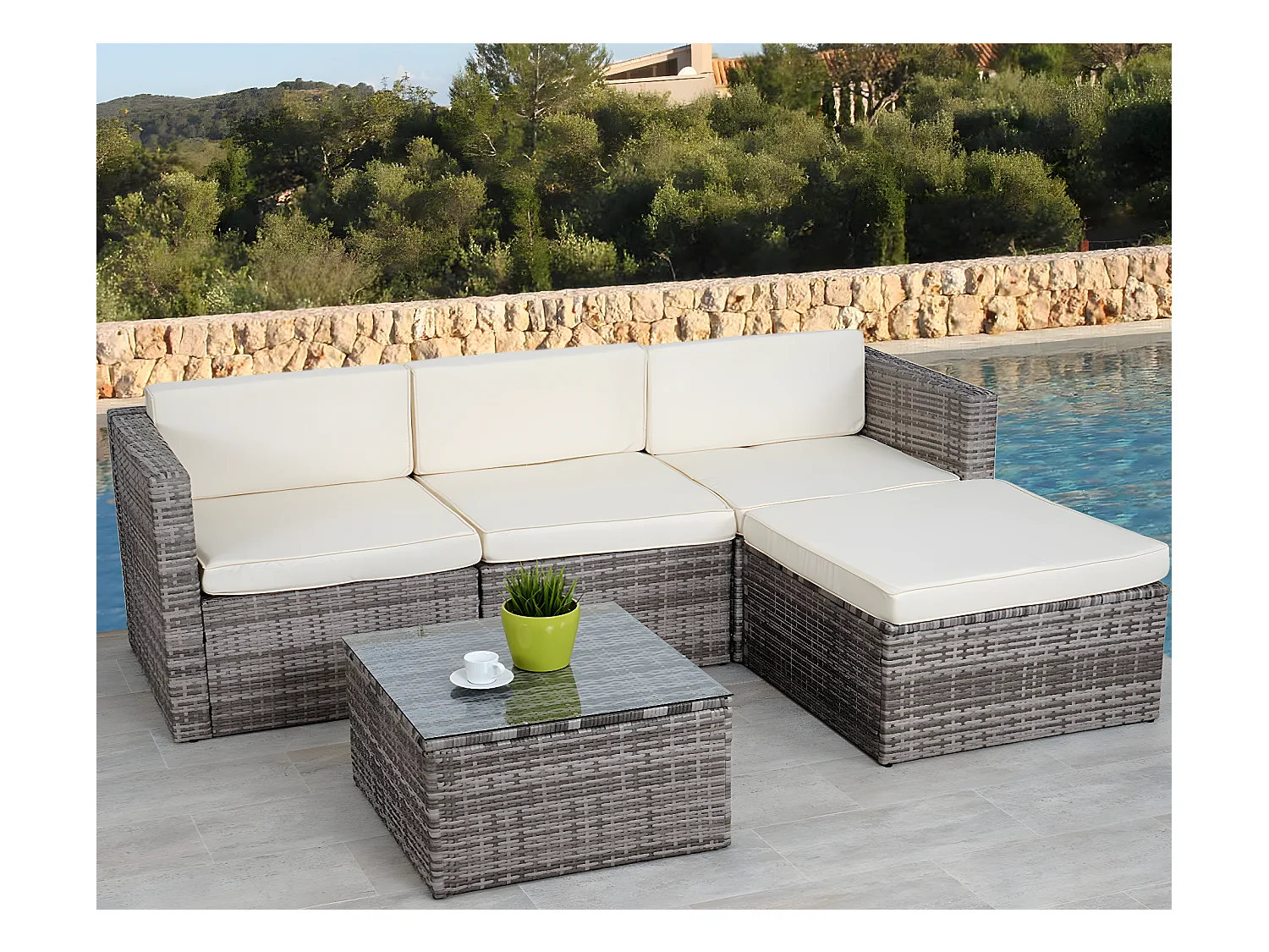 Poly-Rattan-Garnitur MCW-D28 (5-teilig), Grau, Polster creme ohne Deko-Kissen/Abdeckung
