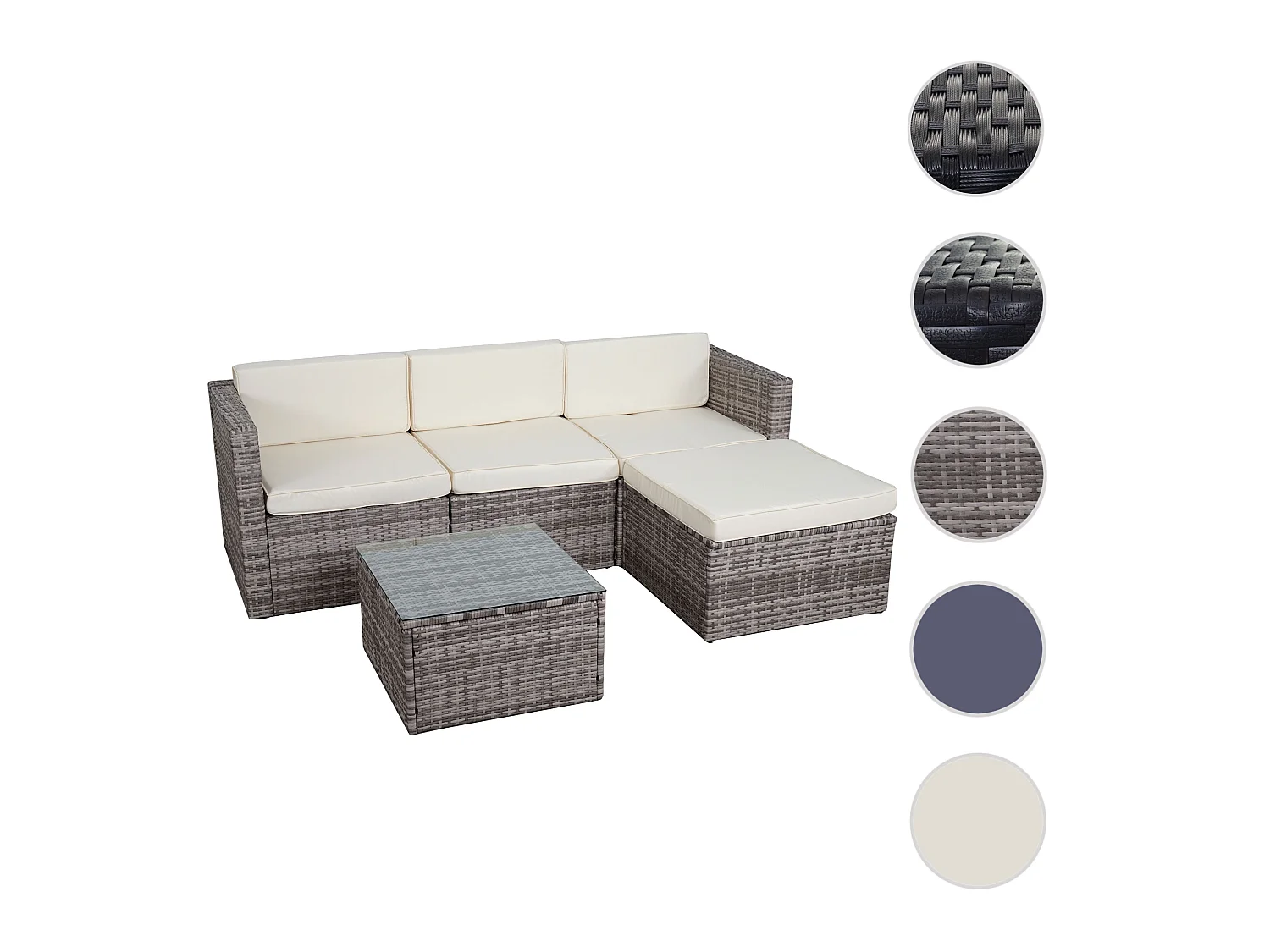 Poly-Rattan-Garnitur MCW-D28 (5-teilig), Grau, Polster creme ohne Deko-Kissen/Abdeckung