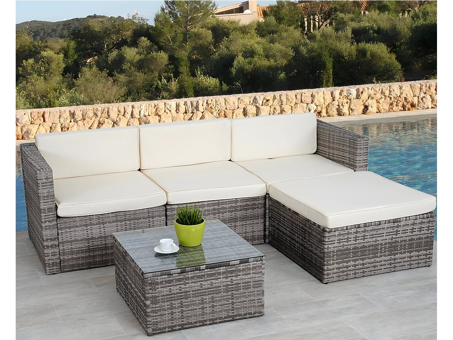 Poly-Rattan-Garnitur MCW-D28 (5-teilig), Grau, Polster creme ohne Deko-Kissen/Abdeckung