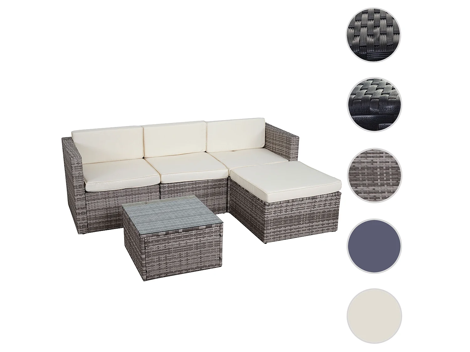 Poly-Rattan-Garnitur MCW-D28 (5-teilig), Grau, Polster creme ohne Deko-Kissen/Abdeckung
