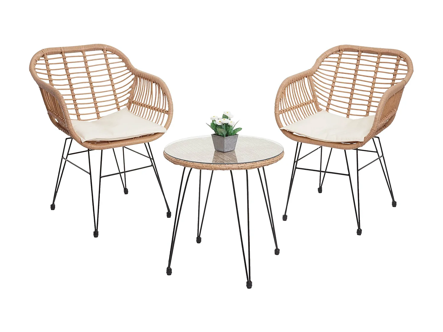 Poly-Rattan Garnitur MCW-G17 (3-teilig), Naturfarben, Kissen creme