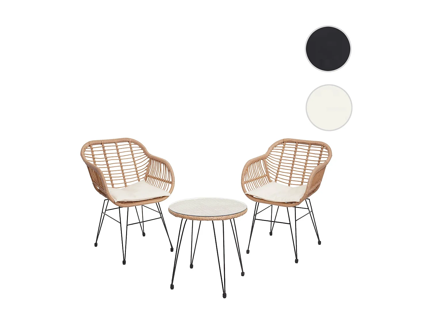 Poly-Rattan Garnitur MCW-G17 (3-teilig), Naturfarben, Kissen creme