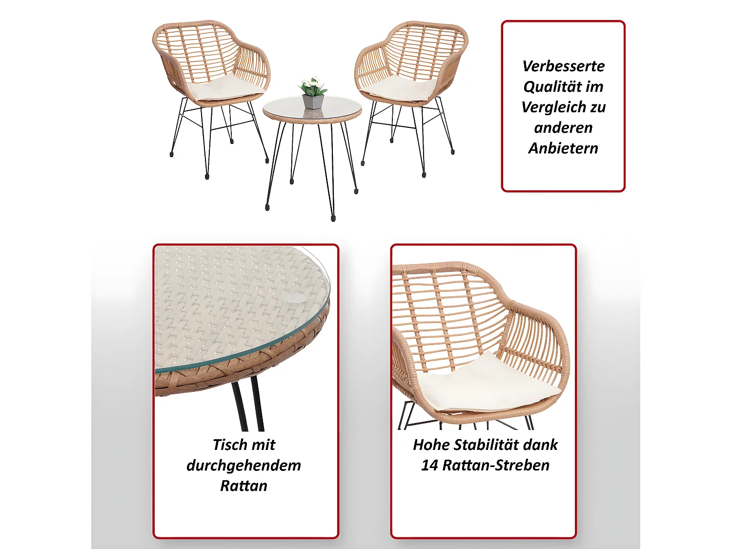 Poly-Rattan Garnitur MCW-G17 (3-teilig), Naturfarben, Kissen creme