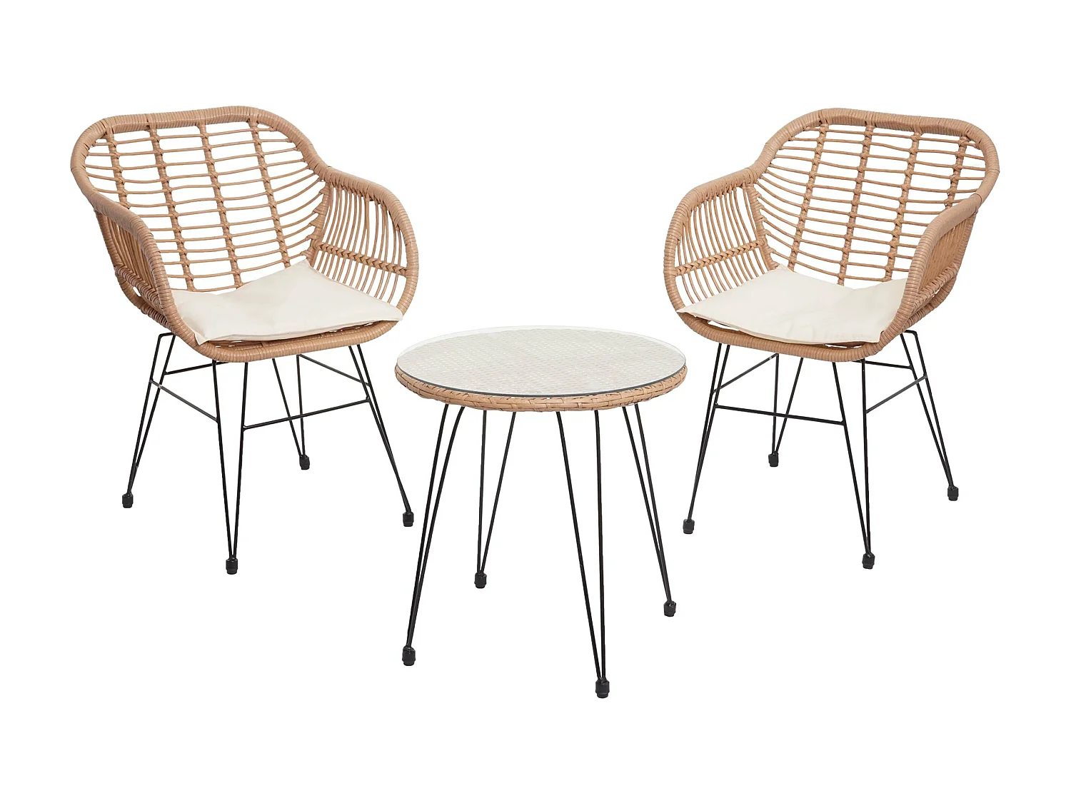 Set salotto giardino esterno salottino con tavolino MCW-G17 polyrattan design moderno legno chiaro con cuscini avorio