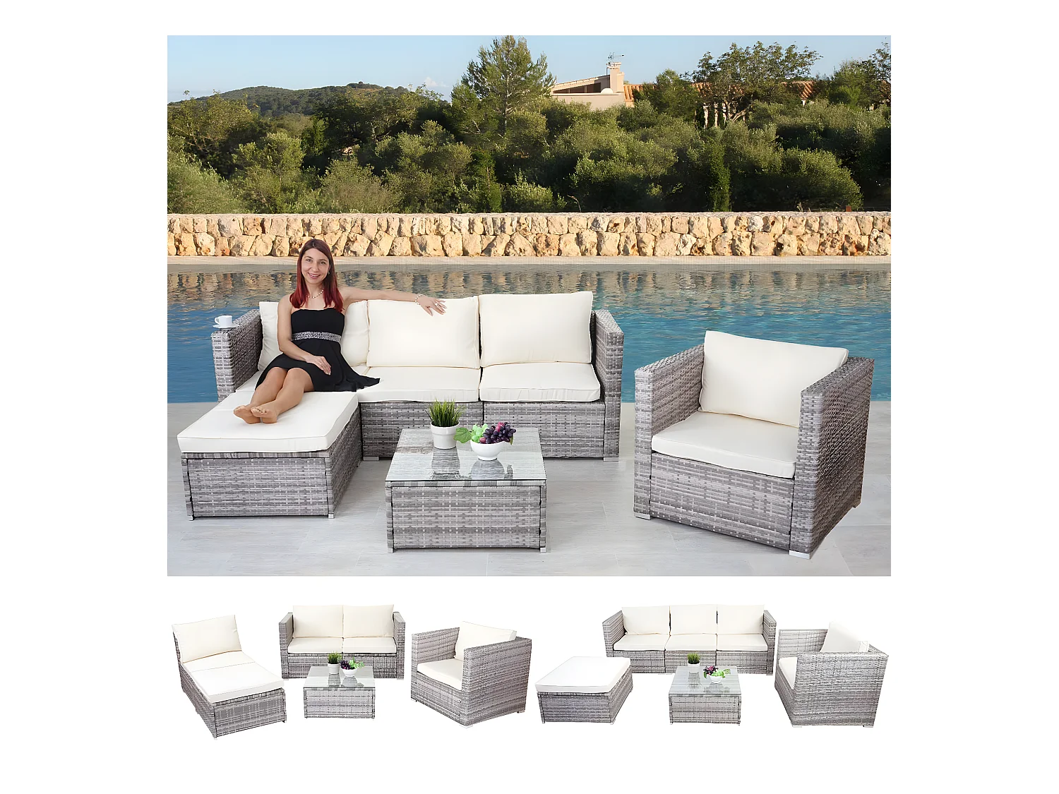 Set salotto giardino esterno salottino Brescia polyrattan acciaio grigio con cuscini avorio