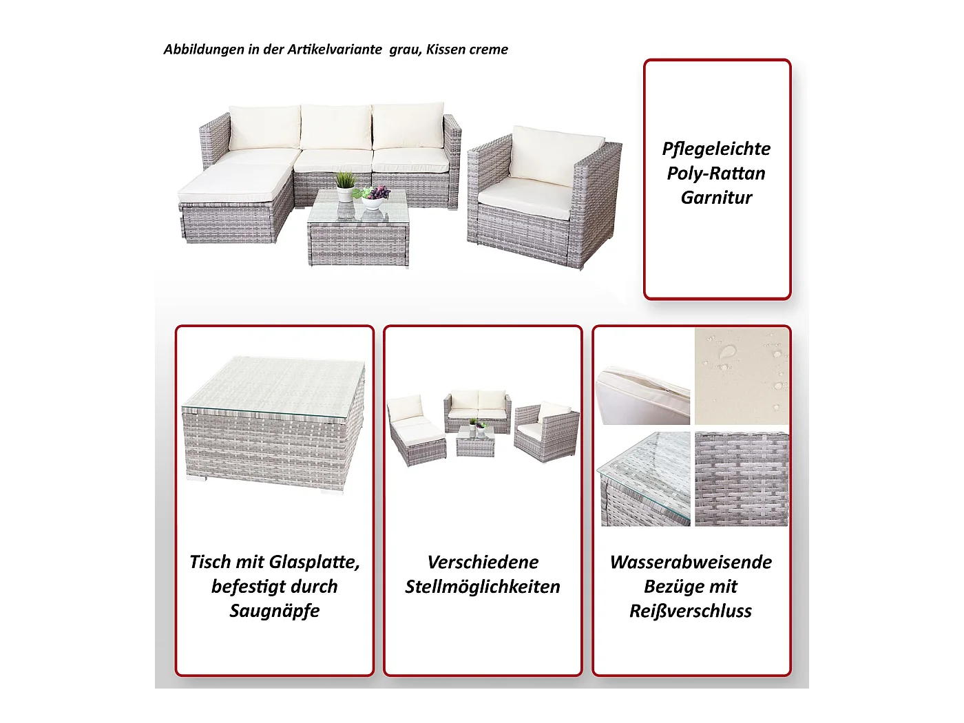 Zestaw polirattanowy Busto,  szary, poduszki kremowe