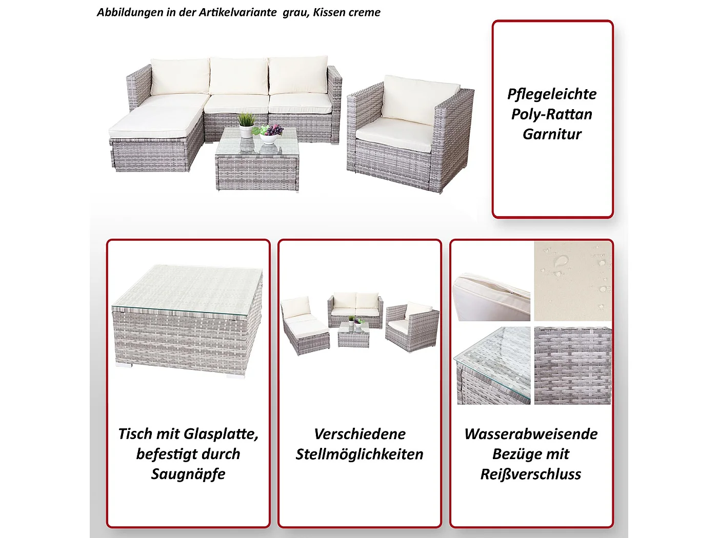 Zestaw polirattanowy Busto,  szary, poduszki kremowe
