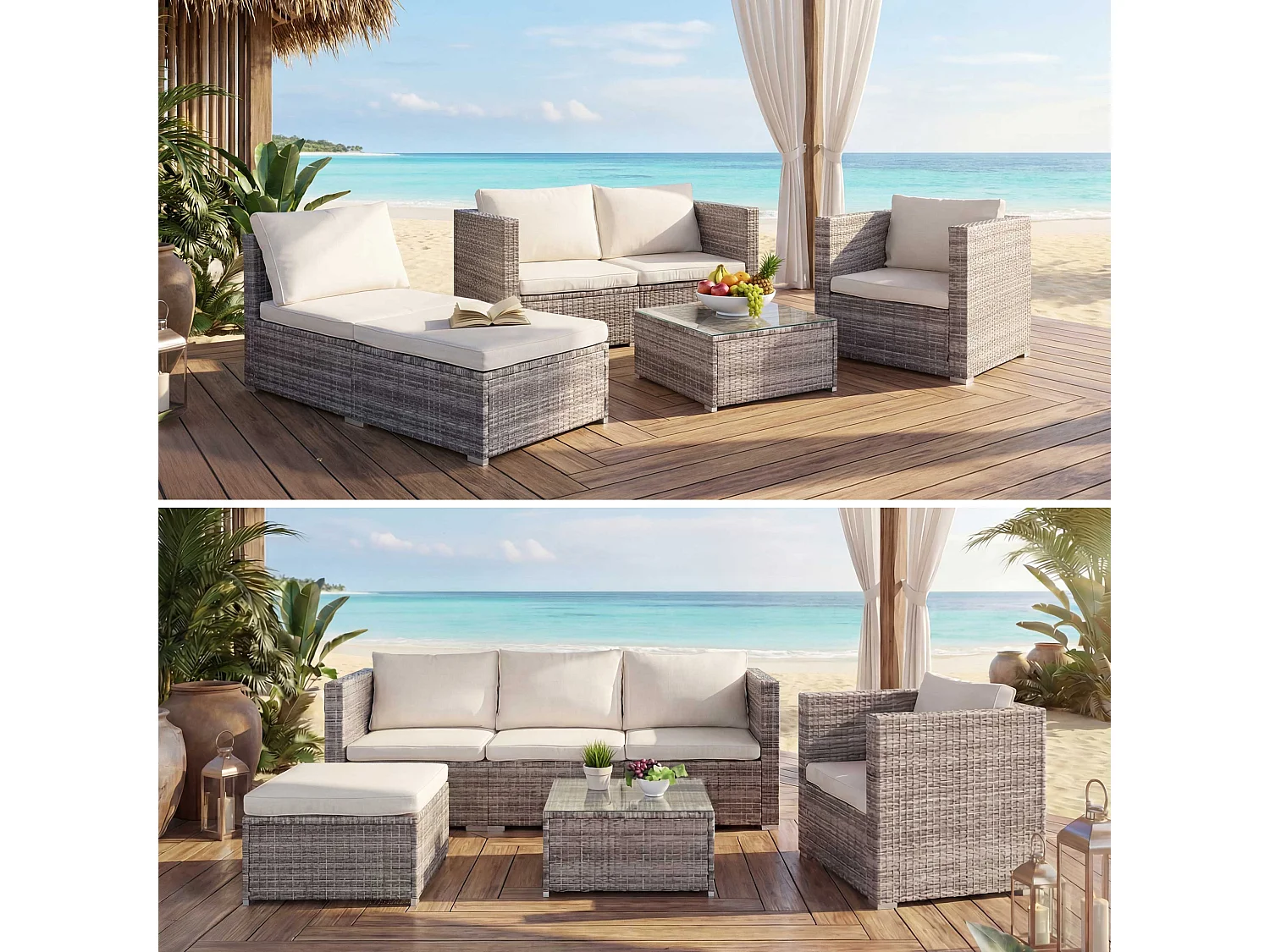 Poly-Rattan-Garnitur Busto, Grau, Kissen creme