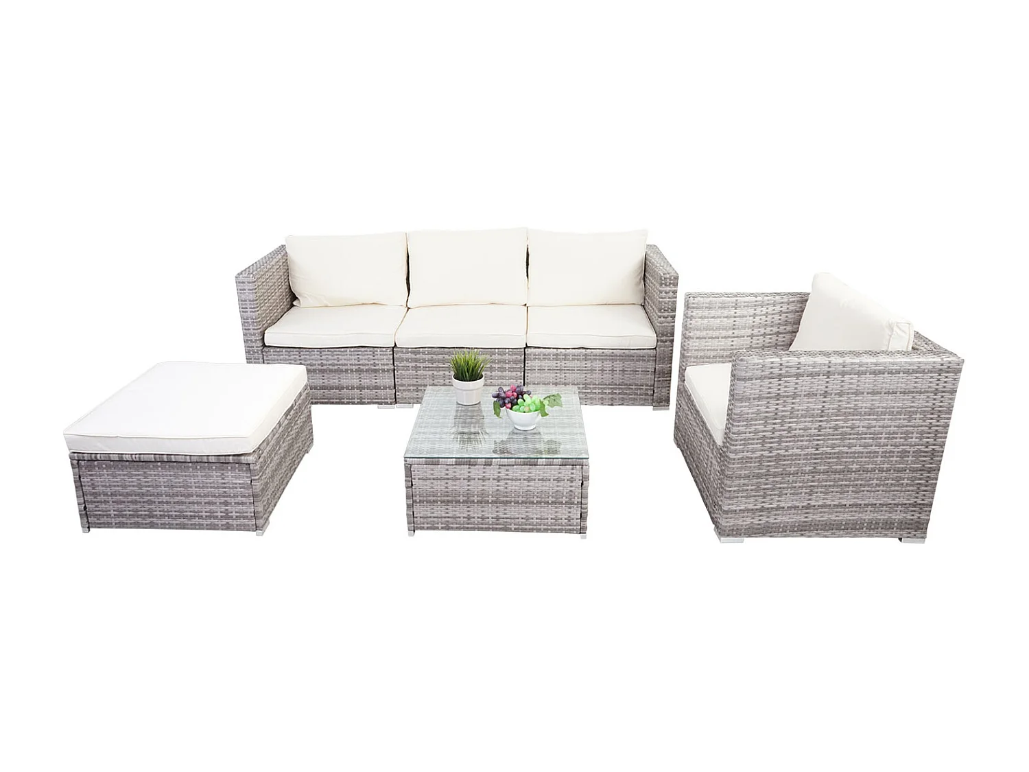 Poly-Rattan-Garnitur Busto, Grau, Kissen creme